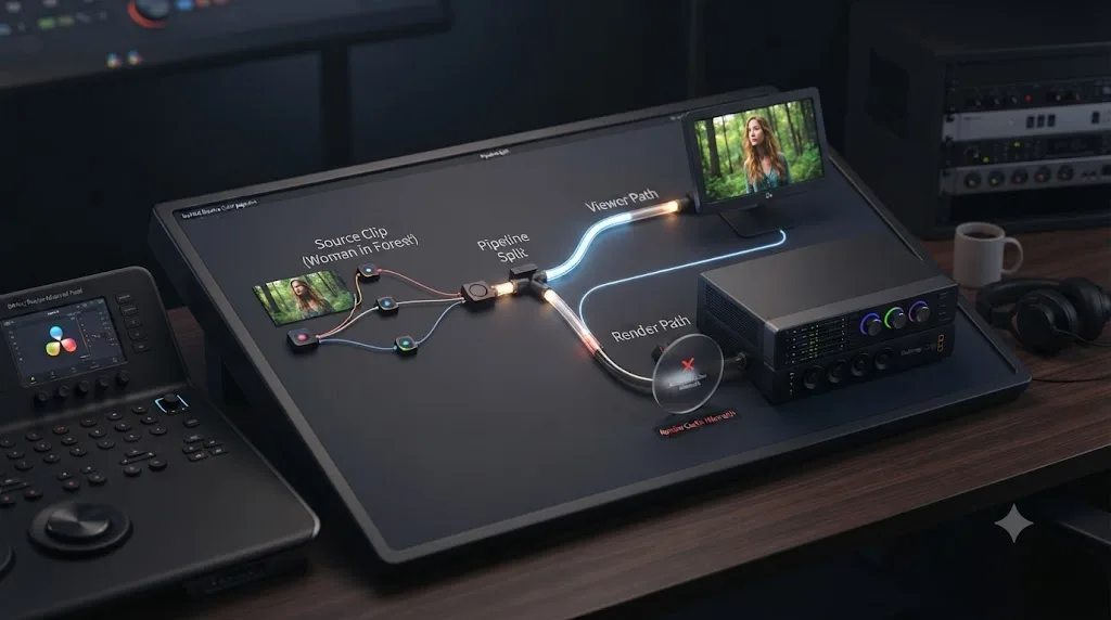 Illustration of a DaVinci Resolve grade splitting into a viewer path and a render path, with a filter blocking only the render path