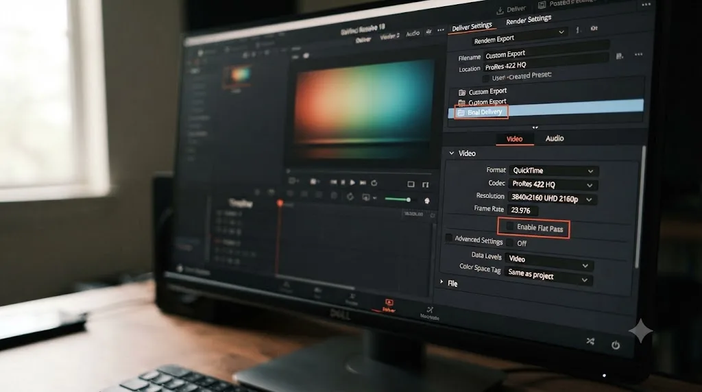 Illustration of a DaVinci Resolve render preset panel with a Final Delivery preset showing Enable Flat Pass set to Off