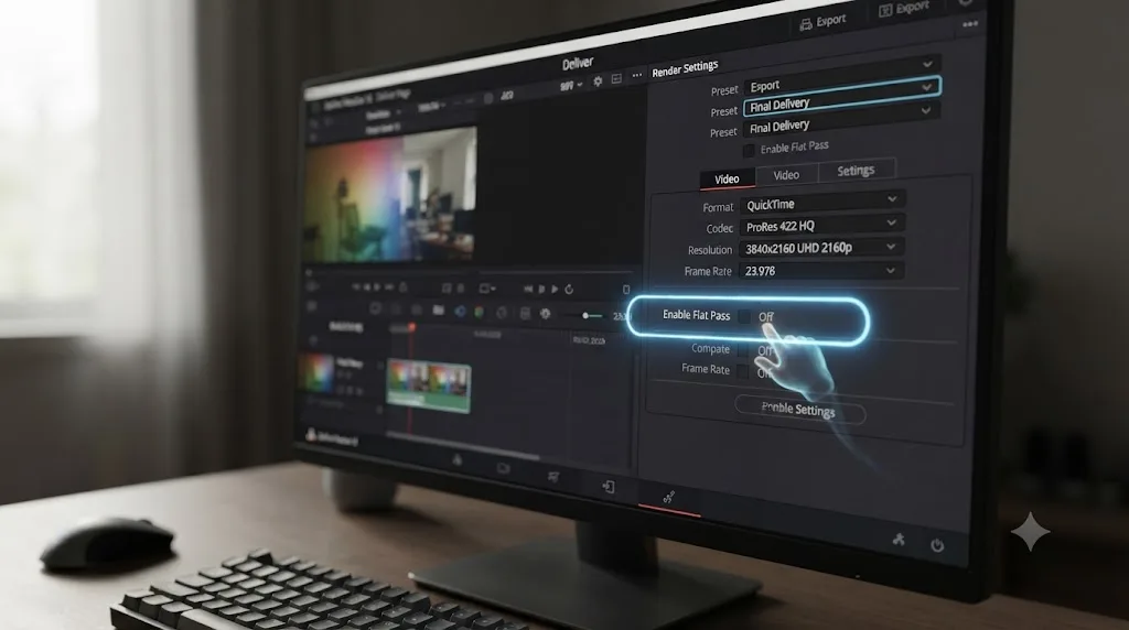 Illustration of an on-screen assistant drawing a glowing outline around a setting on the DaVinci Resolve Deliver page
