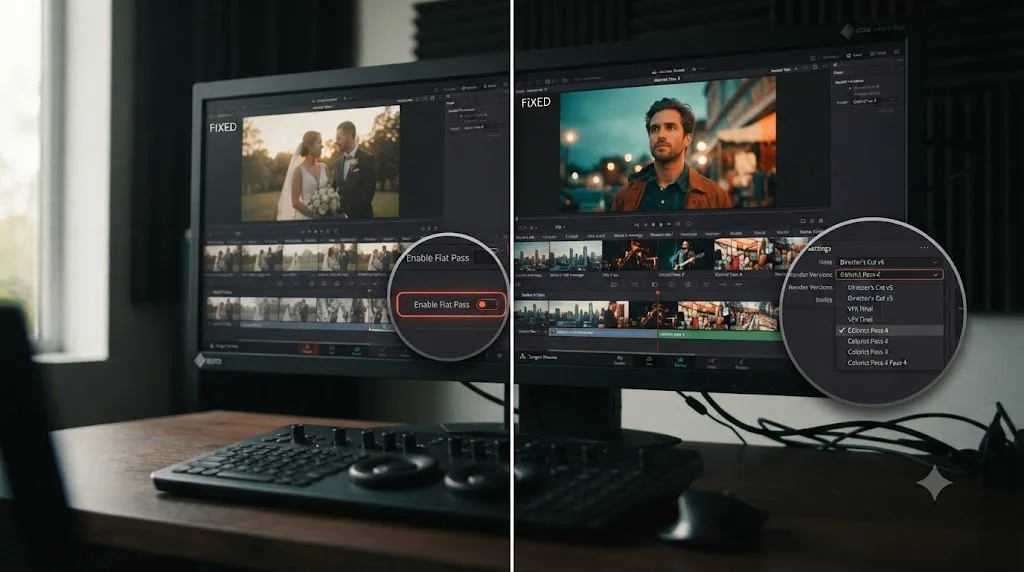 Illustration of two worked troubleshooting examples for a DaVinci Resolve grade missing after render