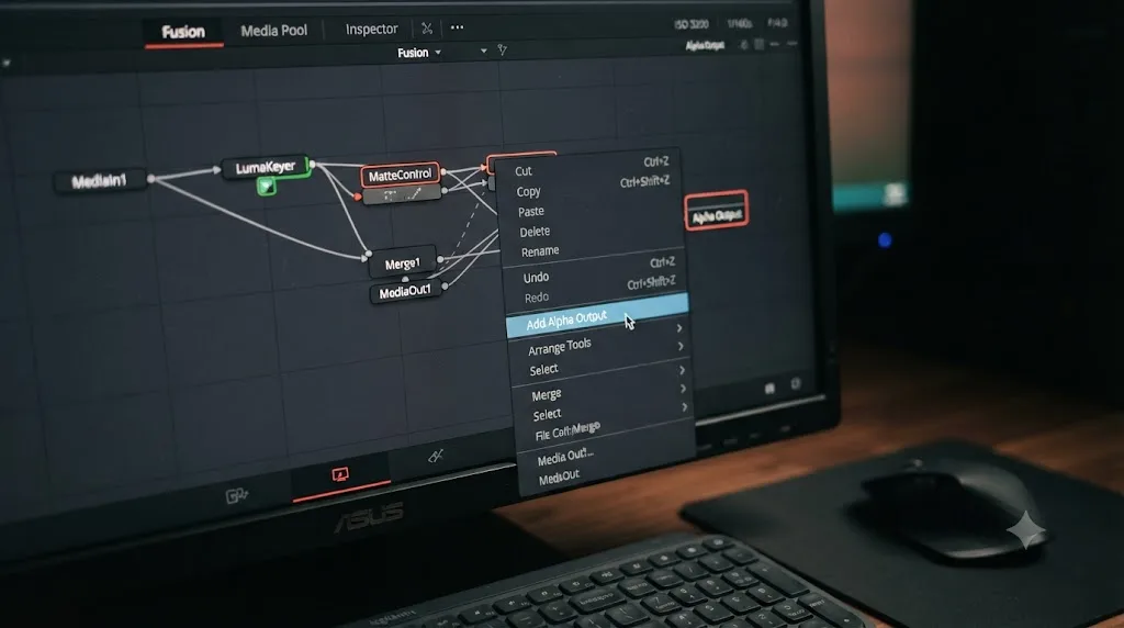 Illustration of a right-click context menu in the DaVinci Resolve Fusion Node Editor with Add Alpha Output highlighted