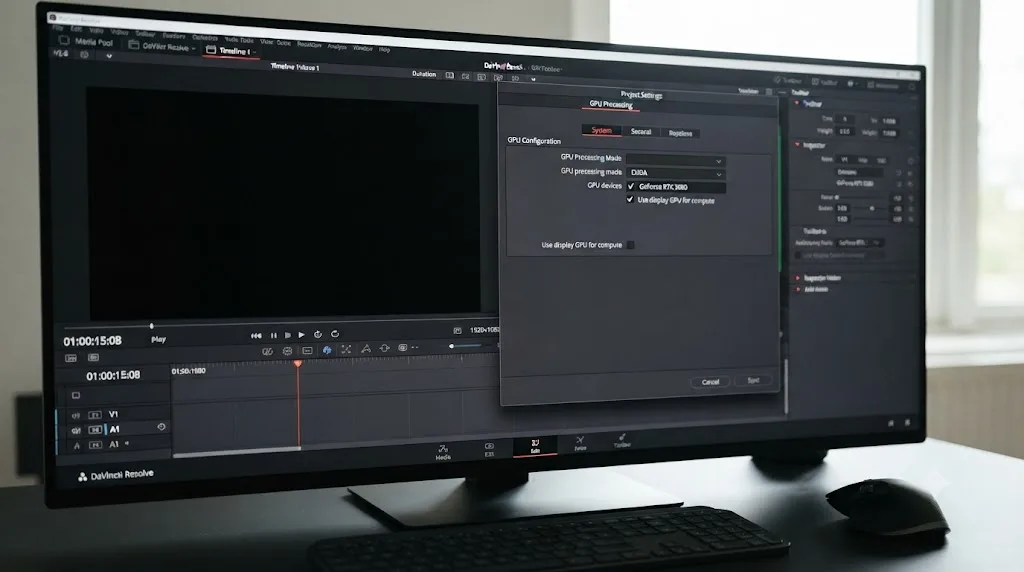 Illustration of a DaVinci Resolve Edit page viewer showing solid black next to a GPU processing mode settings panel