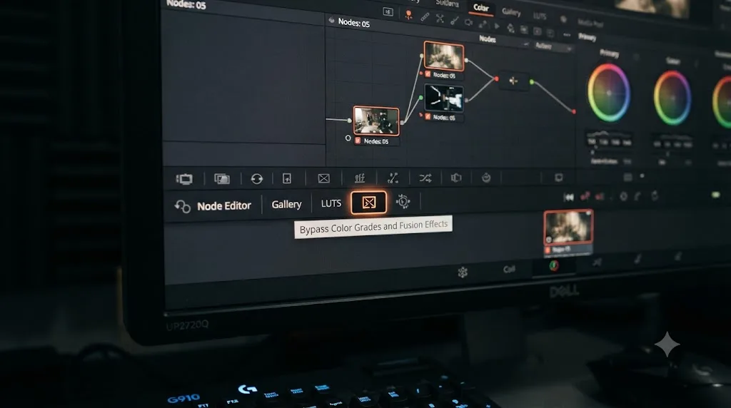 Illustration of the DaVinci Resolve Bypass Color Grades button shown in its active toggled-on state