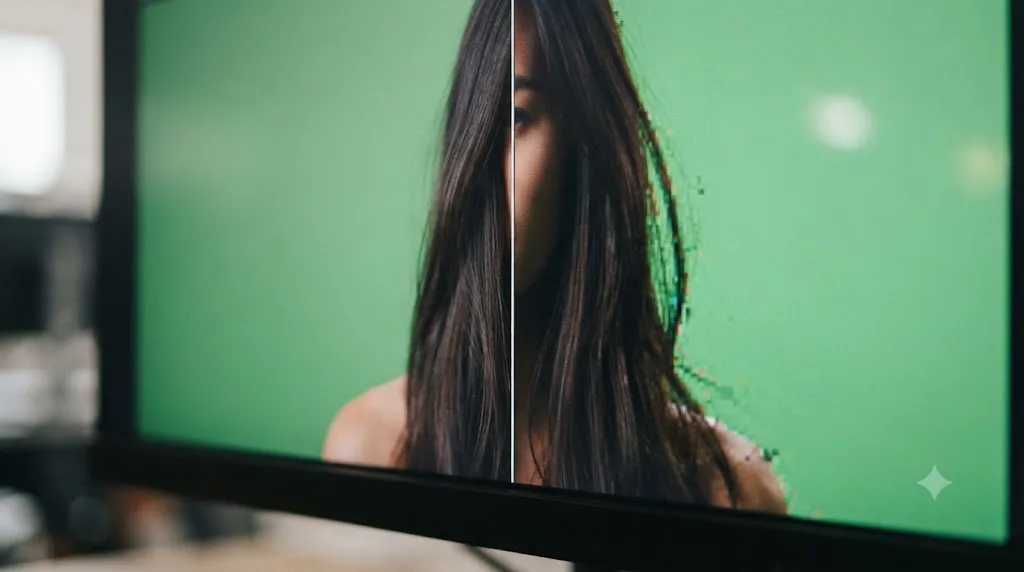 Illustration comparing a clean green screen key edge against a blocky, fizzing edge caused by chroma subsampling
