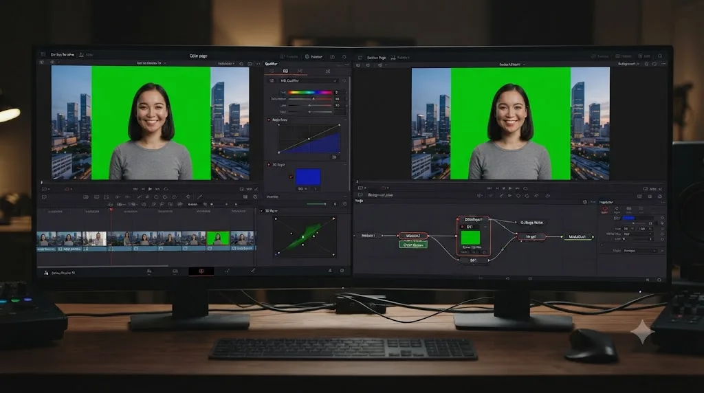 Illustration comparing the DaVinci Resolve Color page Qualifier tool and the Fusion page node graph on the same green screen clip