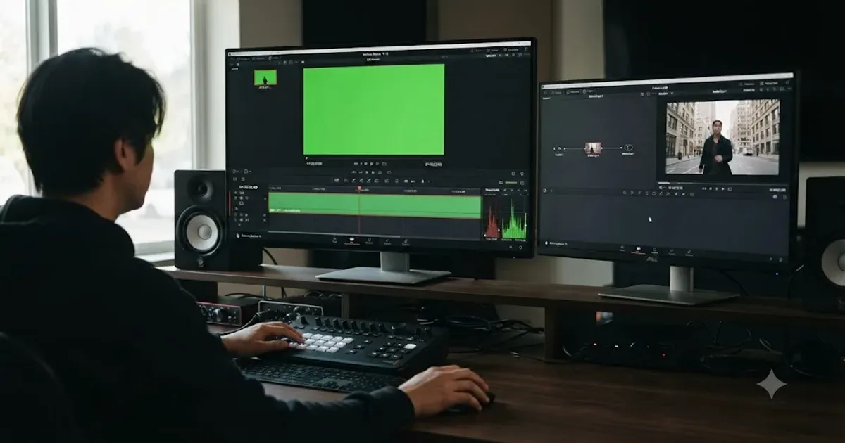 Illustration of a green screen clip that looks perfectly keyed in a Fusion node graph but shows as solid green on a DaVinci Resolve timeline