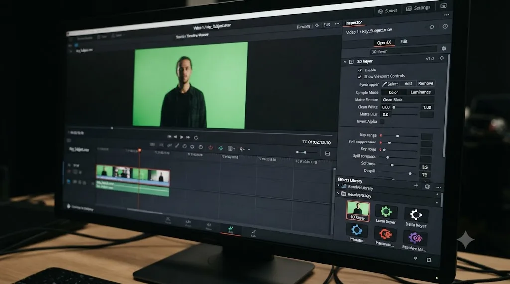 Illustration of the DaVinci Resolve Edit page Inspector showing the 3D Keyer OpenFX effect applied directly to a timeline clip