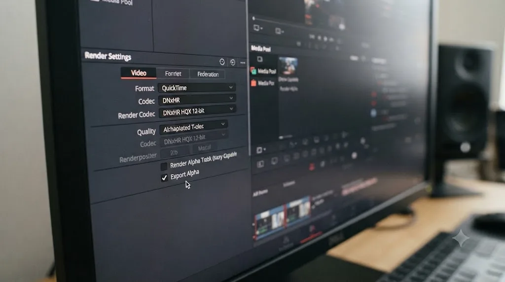 Illustration of the DaVinci Resolve Deliver page render settings with an alpha-capable codec selected and Export Alpha checked