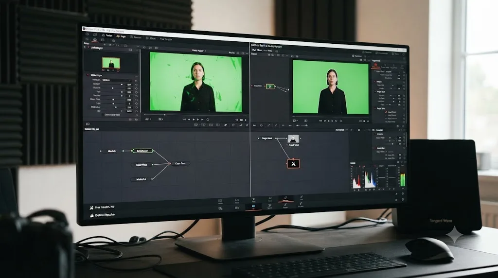 Illustration comparing DaVinci Resolve's free version keying tools against the Studio-only Magic Mask feature