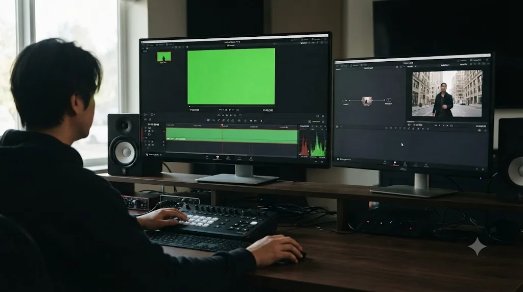 Illustration of a green screen clip that looks perfectly keyed in a Fusion node graph but shows as solid green on a DaVinci Resolve timeline