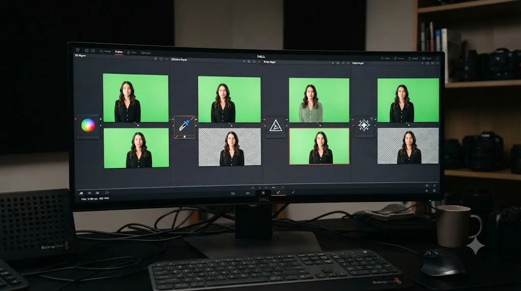 Illustration comparing the 3D Keyer, Chroma Keyer, Delta Keyer, and Ultra Keyer options in DaVinci Resolve