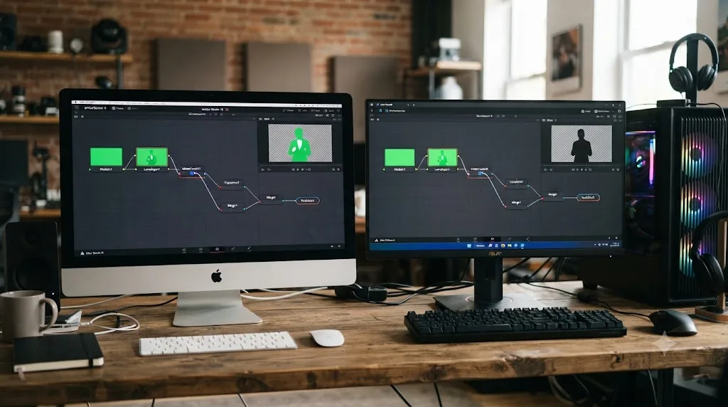Illustration of a Mac and a Windows computer showing the same DaVinci Resolve Fusion node graph with a connected Alpha Output