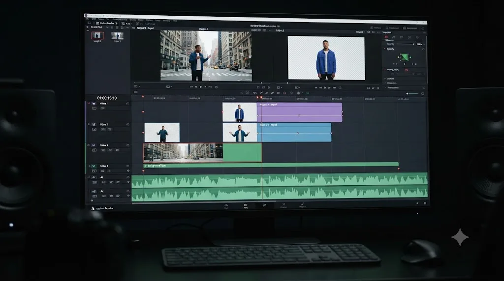 Illustration of a DaVinci Resolve timeline with three stacked tracks showing a background plate and two separately keyed subjects composited in order