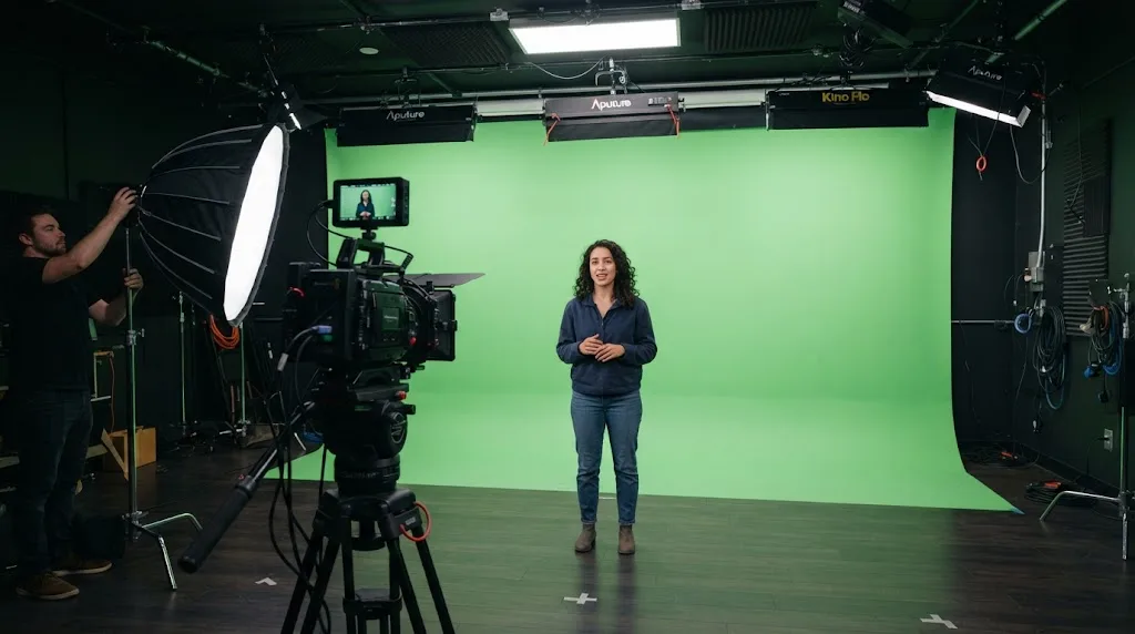 Illustration of a properly lit green screen studio setup with even lighting and distance between the subject and the backdrop