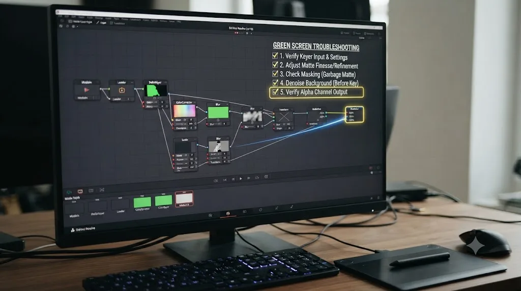 Illustration of a troubleshooting checklist overlaid on a DaVinci Resolve Fusion node graph with the Alpha Output connection highlighted