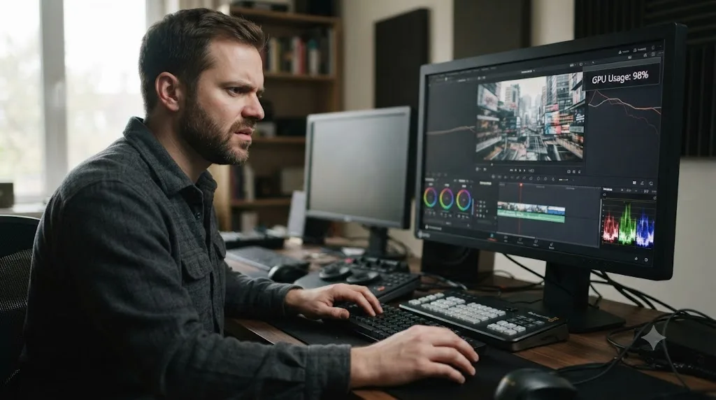 Illustration of a compressed H.265 video file being decoded frame by frame into a DaVinci Resolve timeline