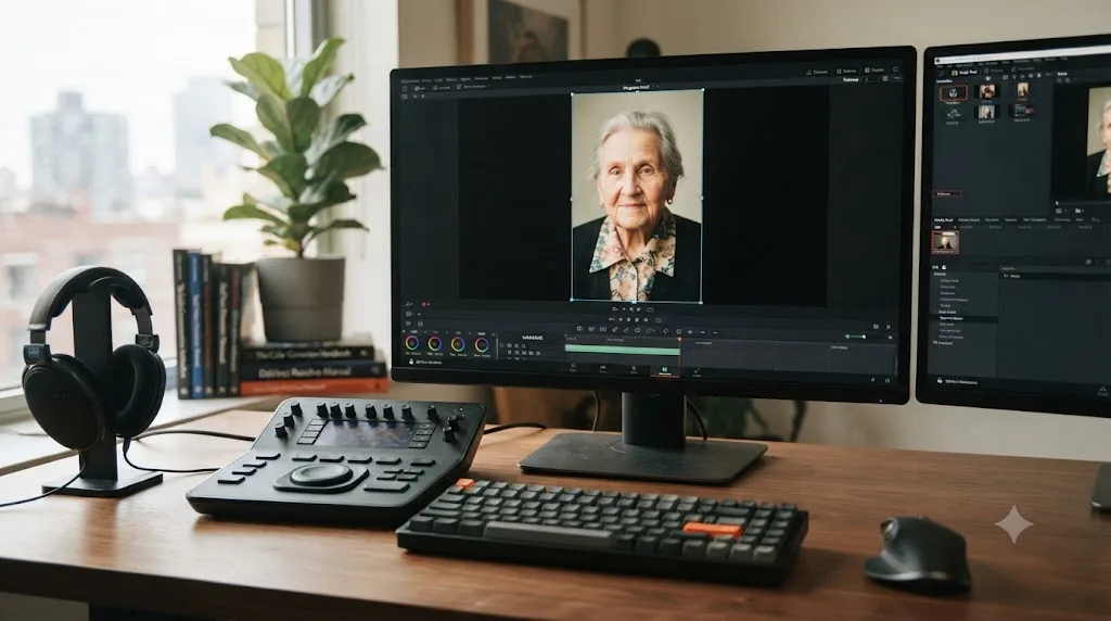 Illustration of a photo with black pillarbox bars being cropped to fill a DaVinci Resolve timeline frame