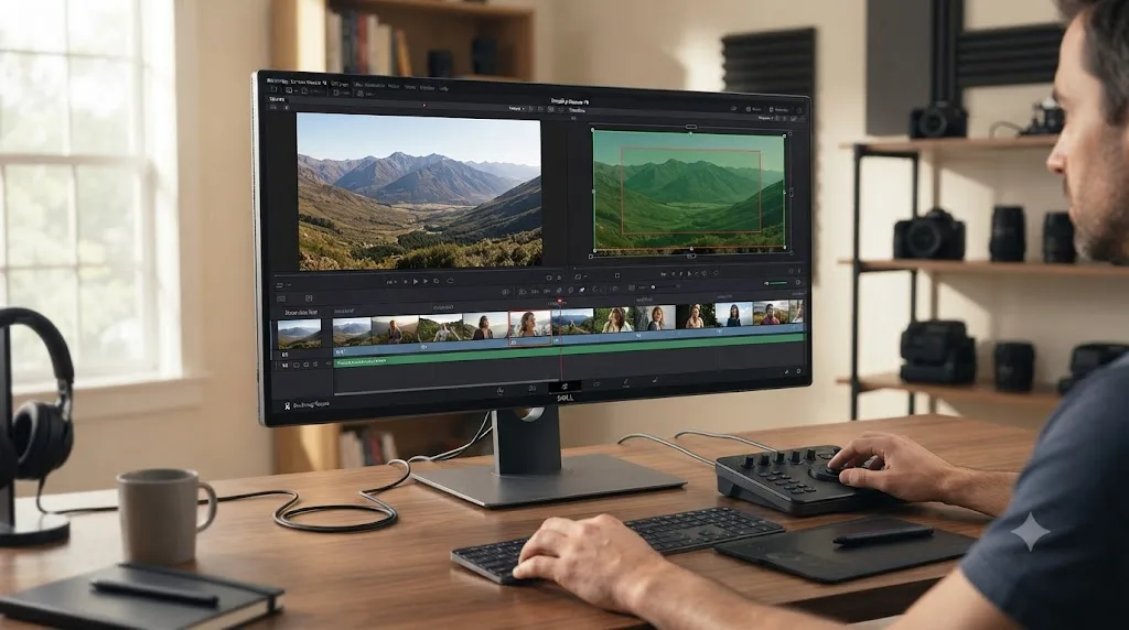 Illustration of a DaVinci Resolve timeline with a row of photos, one showing a green start box and red end box for a Ken Burns zoom