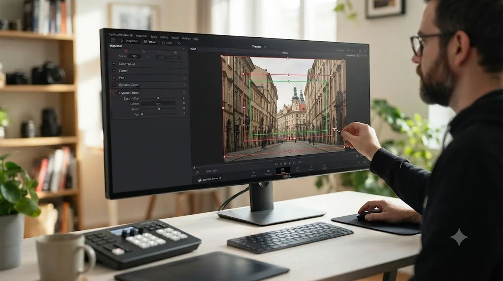Illustration of the DaVinci Resolve Inspector's Dynamic Zoom checkbox next to a Viewer showing green and red boxes on a photo