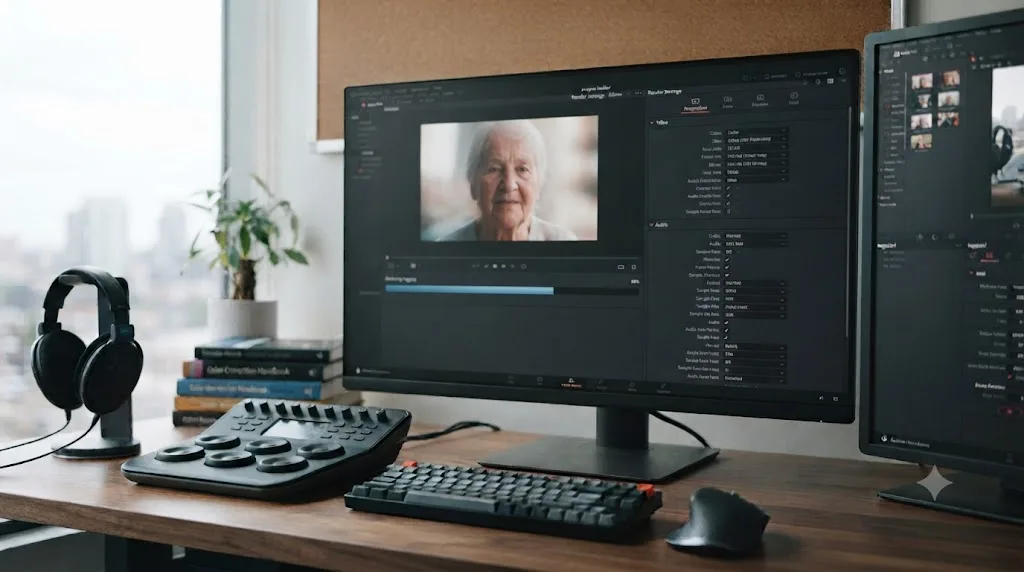 Illustration of the DaVinci Resolve Deliver page Render Settings panel with Video and Audio sections and a rendering progress bar