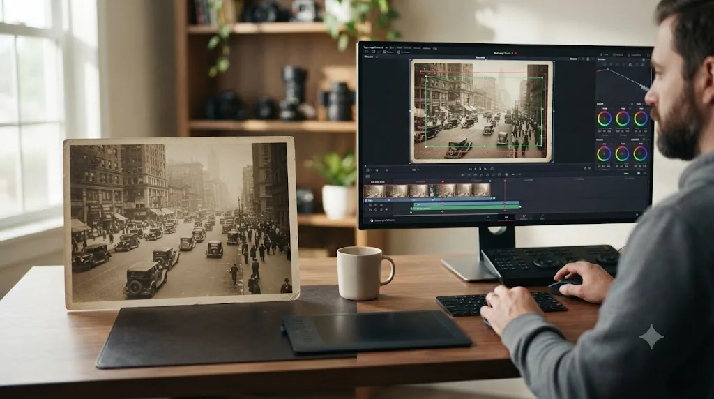 Illustration comparing an archival photograph on one side with a modern DaVinci Resolve zoom effect being applied to it on the other