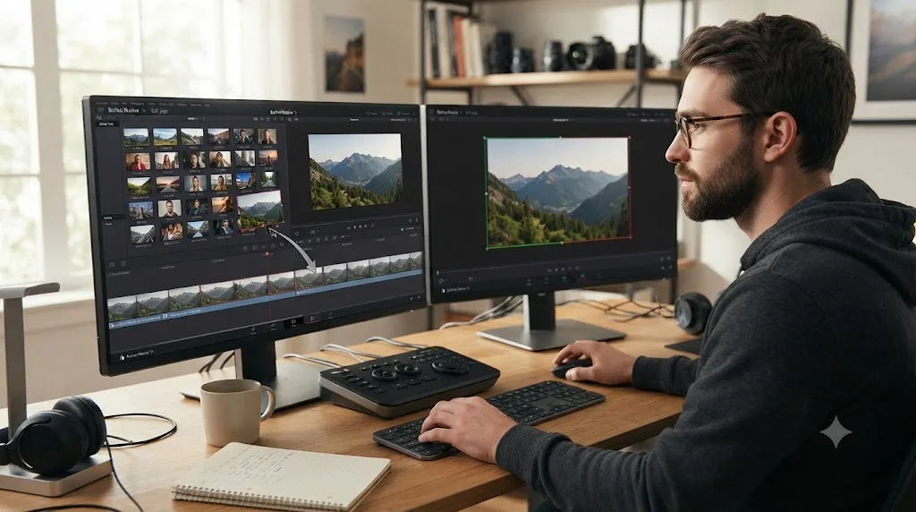 Illustration of photo thumbnails from a DaVinci Resolve Media Pool being dragged onto a timeline in sequence