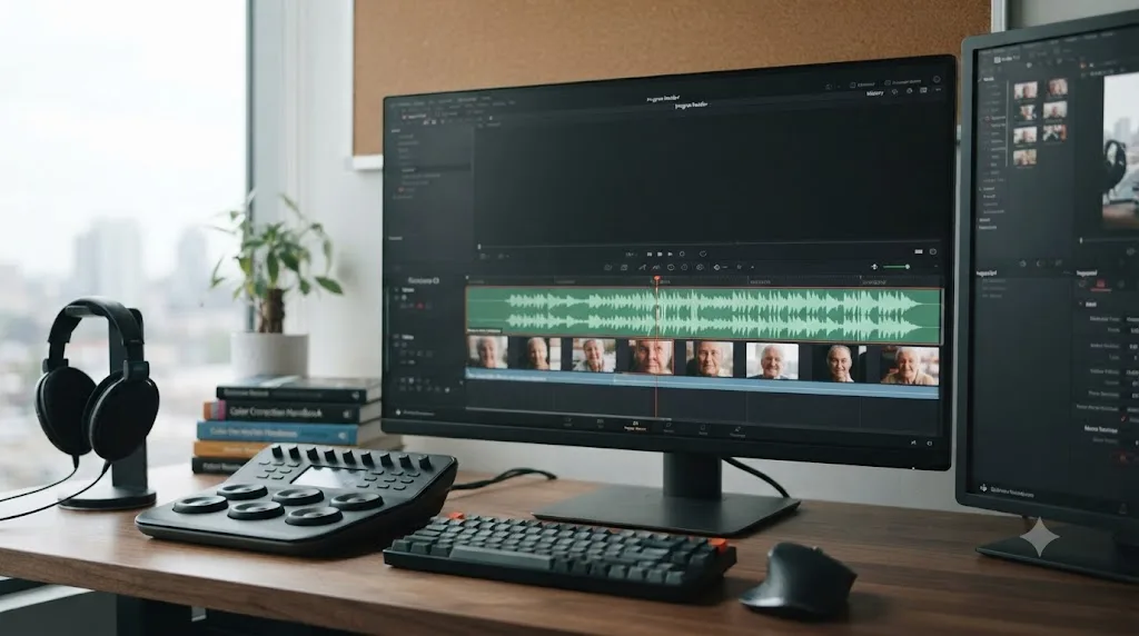 Illustration of a DaVinci Resolve timeline showing a music waveform with beat markers aligned to photo cut points