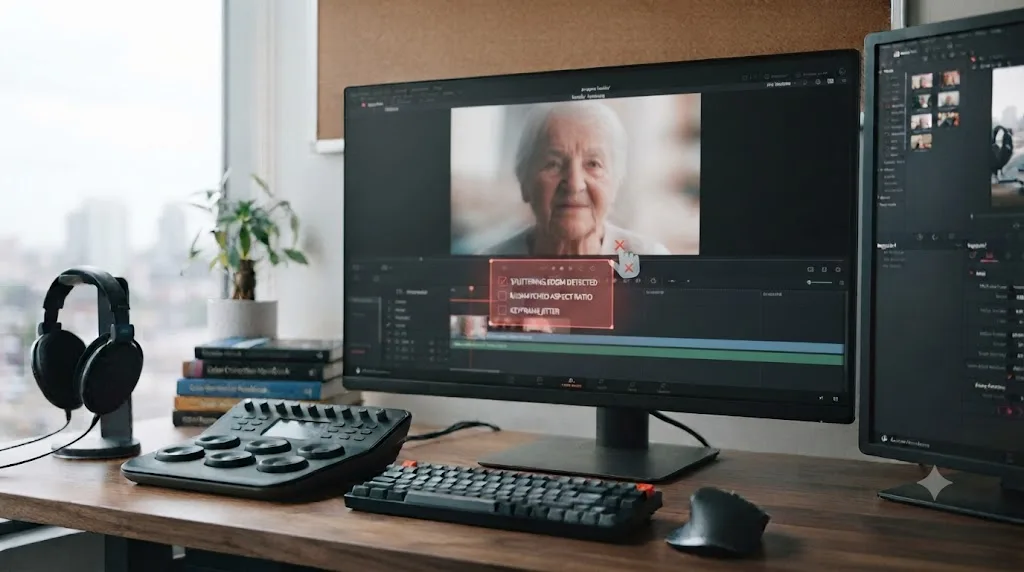 Illustration of a checklist overlay on a DaVinci Resolve timeline highlighting common Ken Burns slideshow mistakes