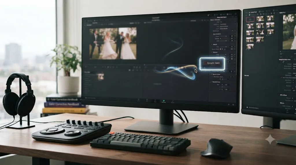 Illustration of an on-screen assistant drawing a glowing box around the Dynamic Zoom checkbox inside a DaVinci Resolve project
