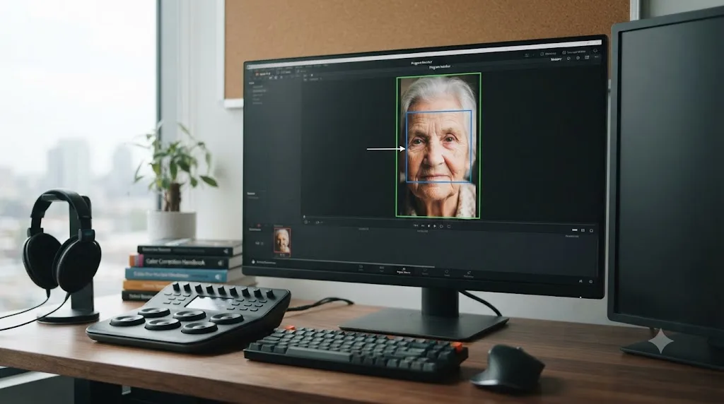 Illustration of a vertical DaVinci Resolve timeline with a photo cropped for a 9:16 frame and Dynamic Zoom boxes adjusted to it