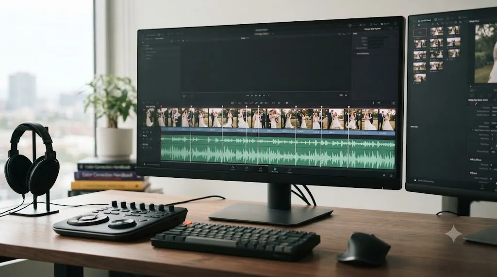 Illustration of a finished DaVinci Resolve wedding slideshow timeline with alternating zoom directions above a music waveform with beat markers