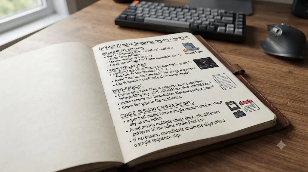 Illustration of a pre-import checklist for avoiding DaVinci Resolve image sequence missing frame problems