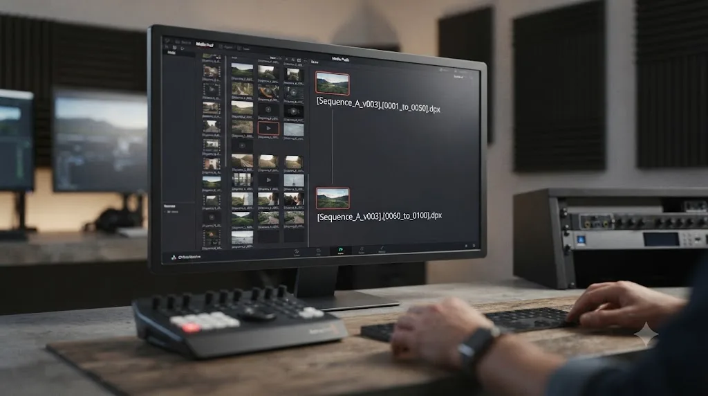 Illustration of a DaVinci Resolve Media Pool showing clip names that reveal the exact frame numbers on either side of a gap