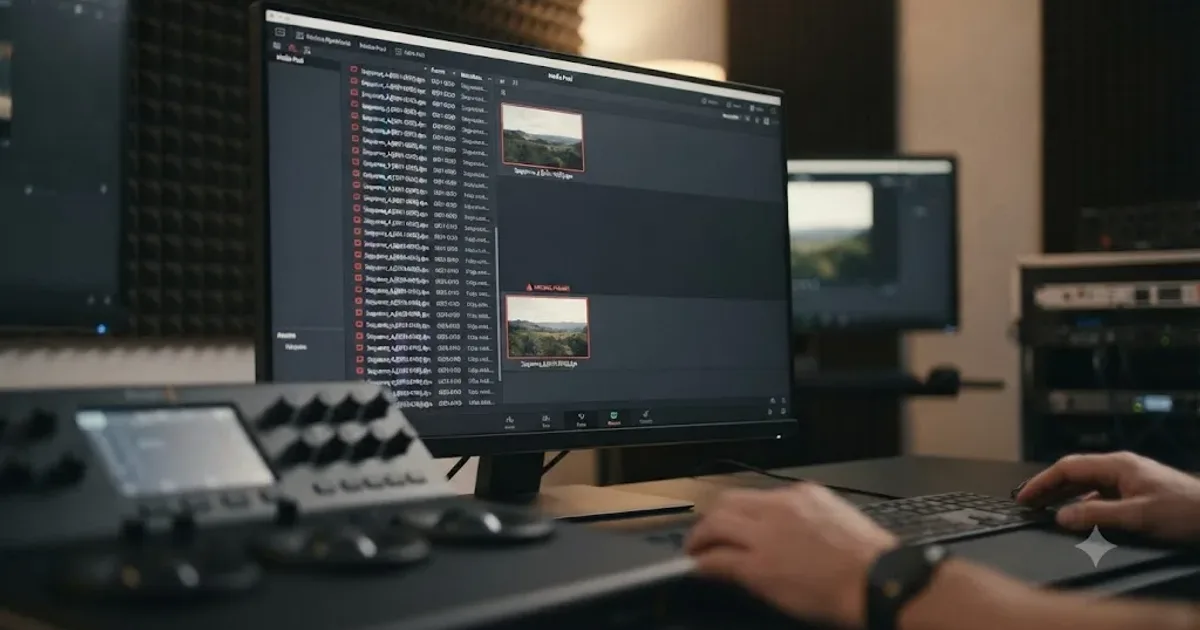 Illustration of a DaVinci Resolve media pool showing an image sequence clip broken into two fragments by a gap in frame numbering