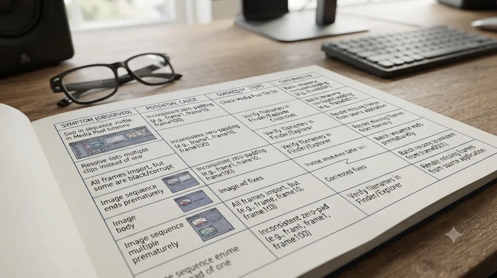 Illustration of a decision table matching DaVinci Resolve image sequence missing frame symptoms to their causes and fixes