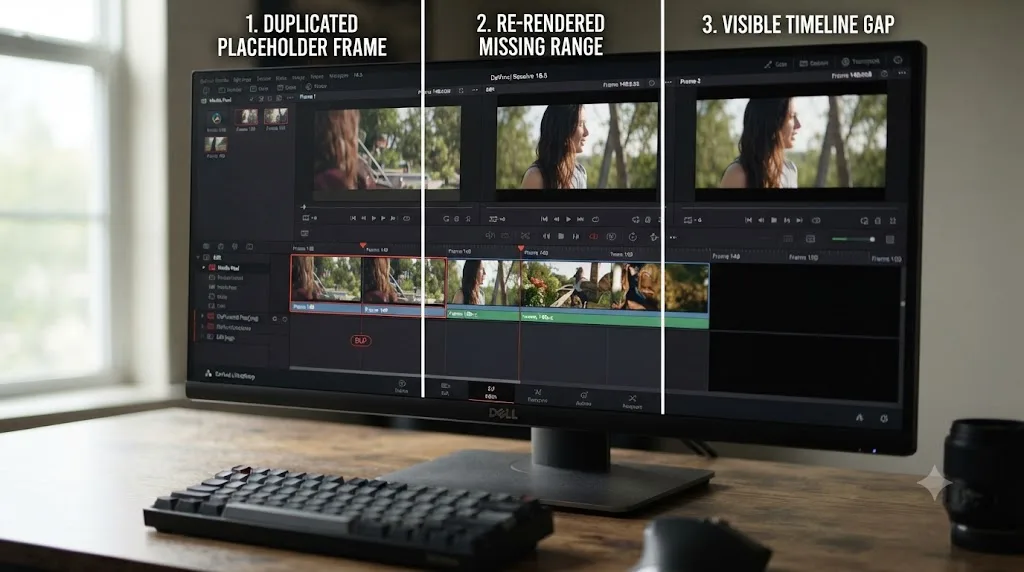Illustration comparing three fixes for a DaVinci Resolve image sequence gap: a duplicated frame, a re-render, and a visible timeline gap