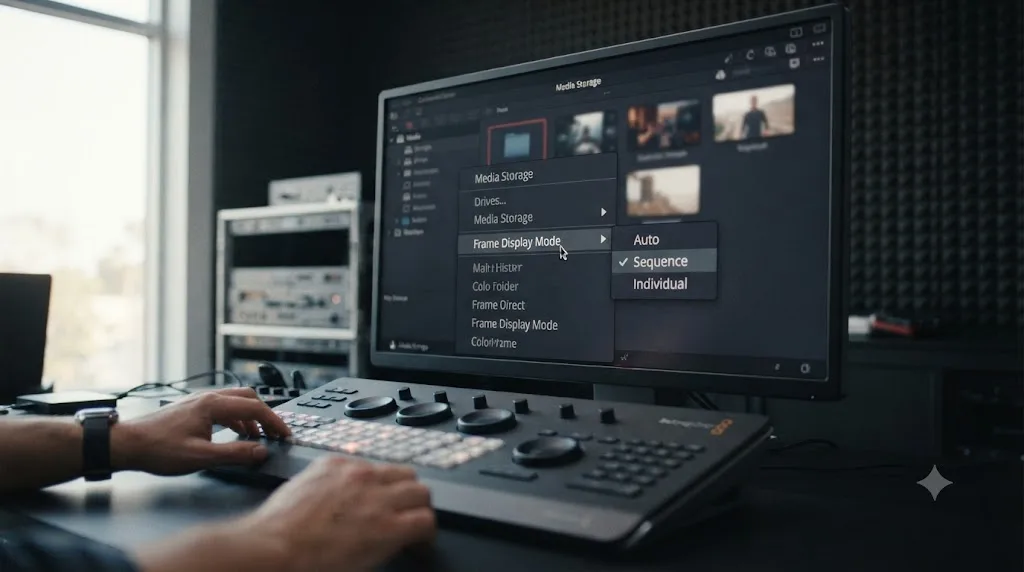 Illustration of the DaVinci Resolve Media Storage option menu showing the Frame Display Mode setting with its three options