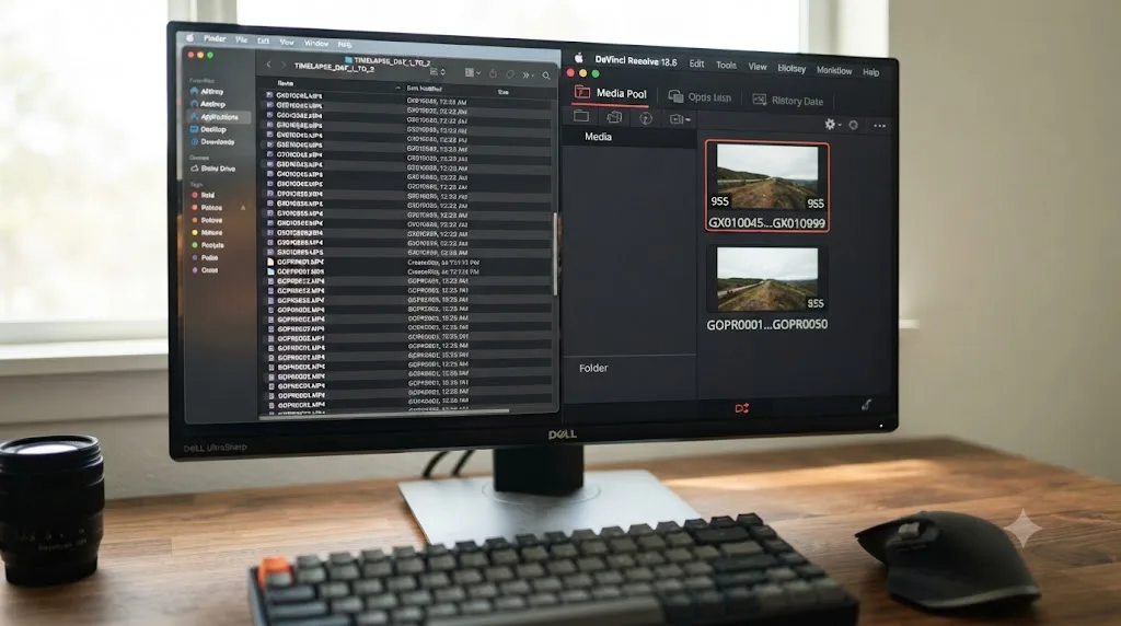 Illustration of a GoPro timelapse folder where the filename pattern changes at a day boundary, causing DaVinci Resolve to split the sequence