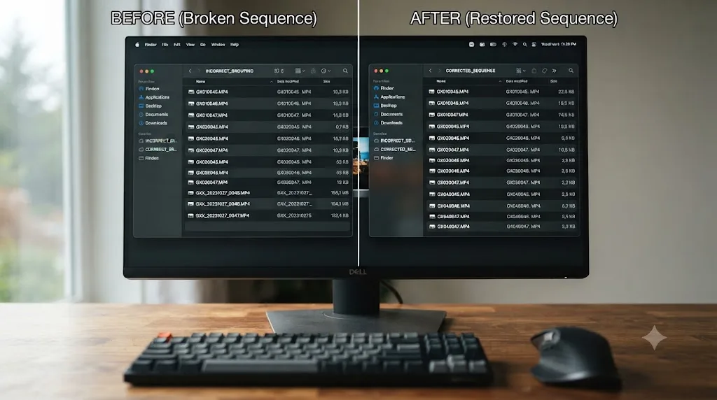 Illustration comparing a broken renamed filename pattern against a corrected one that restores DaVinci Resolve sequence grouping