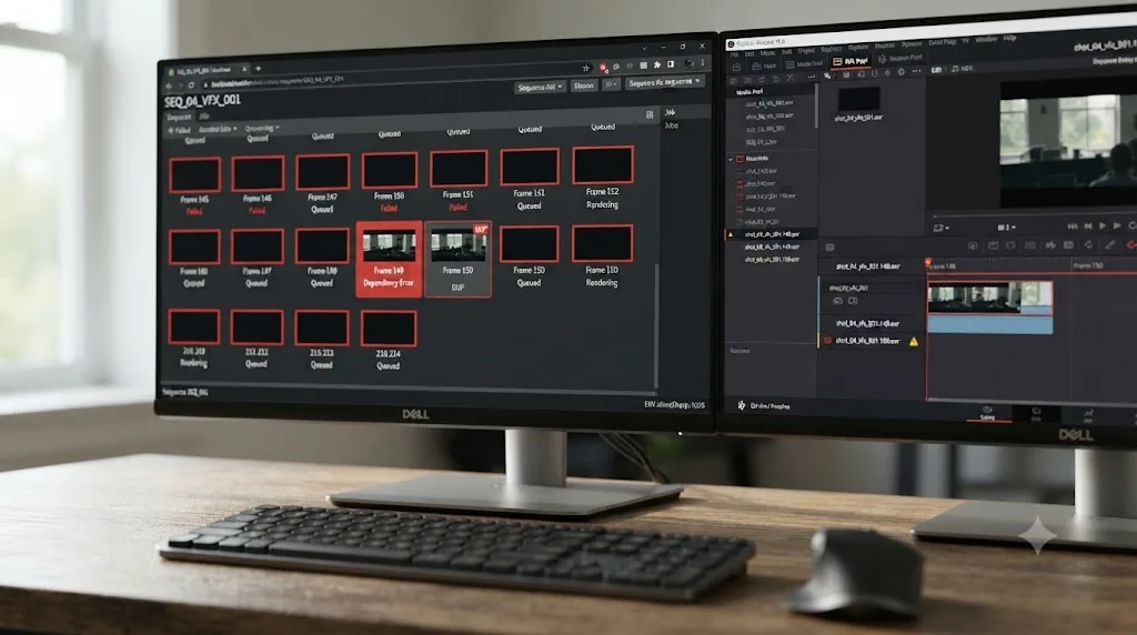 Illustration of a VFX render farm dashboard showing failed frame jobs in an EXR sequence with a duplicated placeholder frame filling a gap