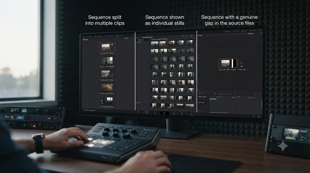 Illustration of three distinct DaVinci Resolve image sequence import symptoms shown side by side