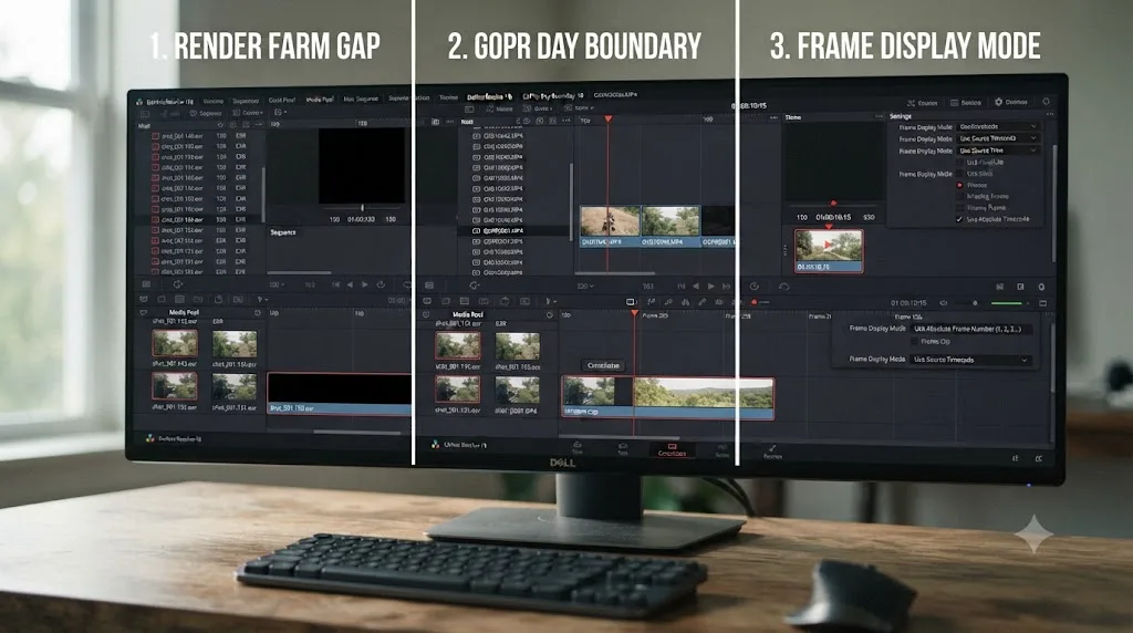Illustration of three worked examples showing different DaVinci Resolve image sequence missing frame scenarios each resolving through a different fix