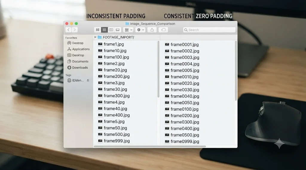 Illustration comparing inconsistently padded image sequence filenames against consistently zero-padded ones sorting correctly