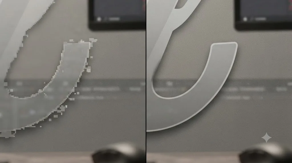 Illustration comparing a blobby alpha channel edge artifact against a clean edge after a resize filter correction
