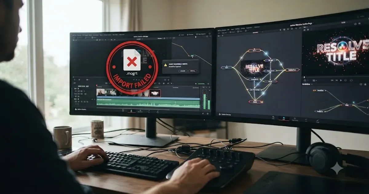 Illustration of a DaVinci Resolve timeline with a red error badge over an incoming .mogrt file icon next to a Fusion node graph rebuilding the same graphic
