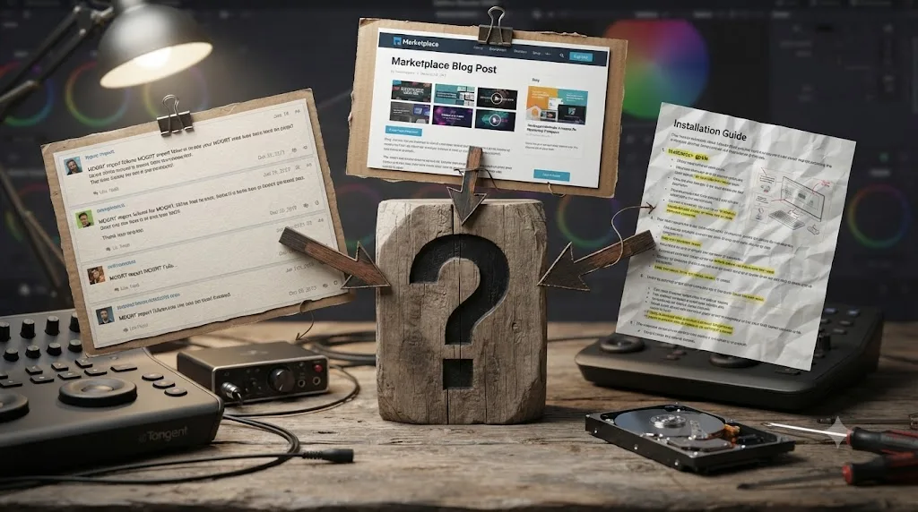 Illustration of scattered forum, blog, and install guide panels all pointing at the same unanswered question mark