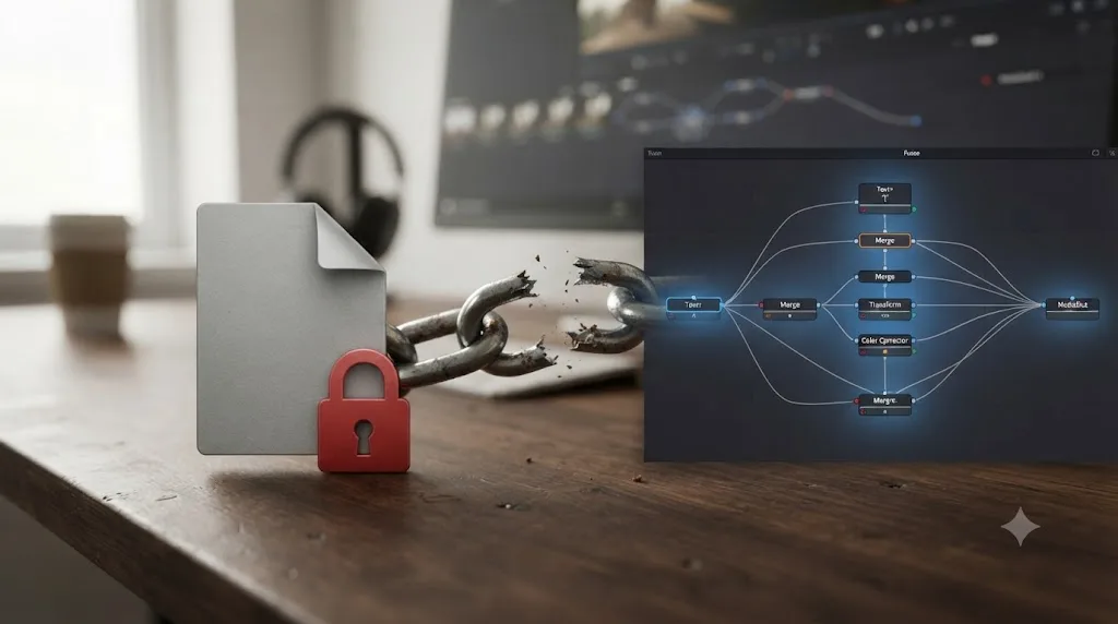 Illustration of a locked mogrt file icon and an open Fusion node tree connected by a broken chain link
