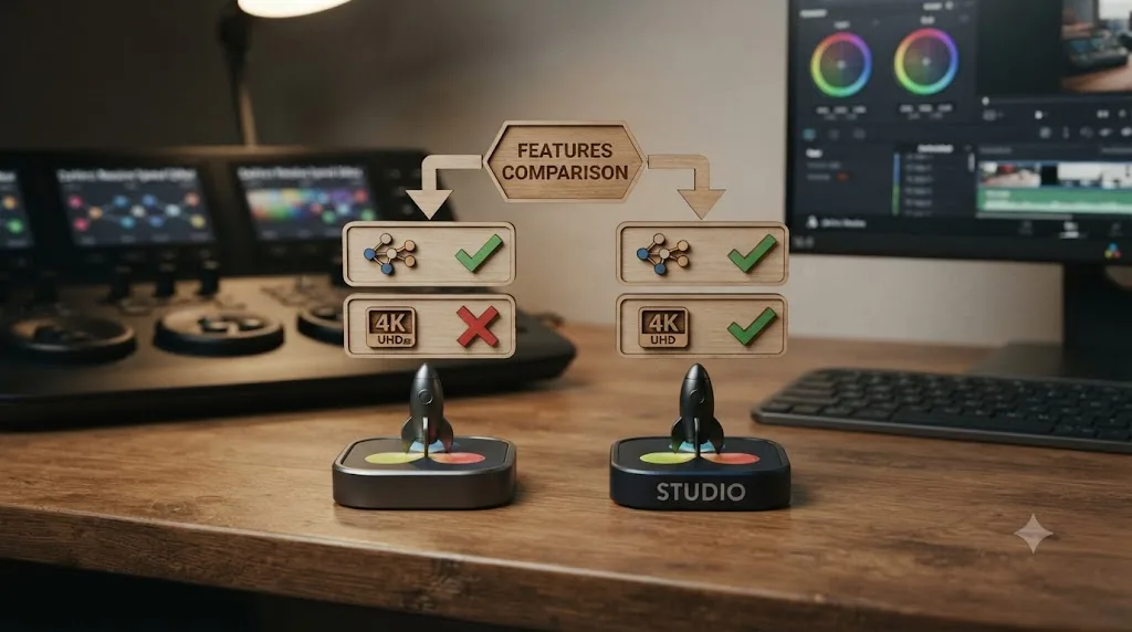 Illustration comparing DaVinci Resolve free and Studio editions with identical Fusion template access and only Studio unlocking higher export resolution