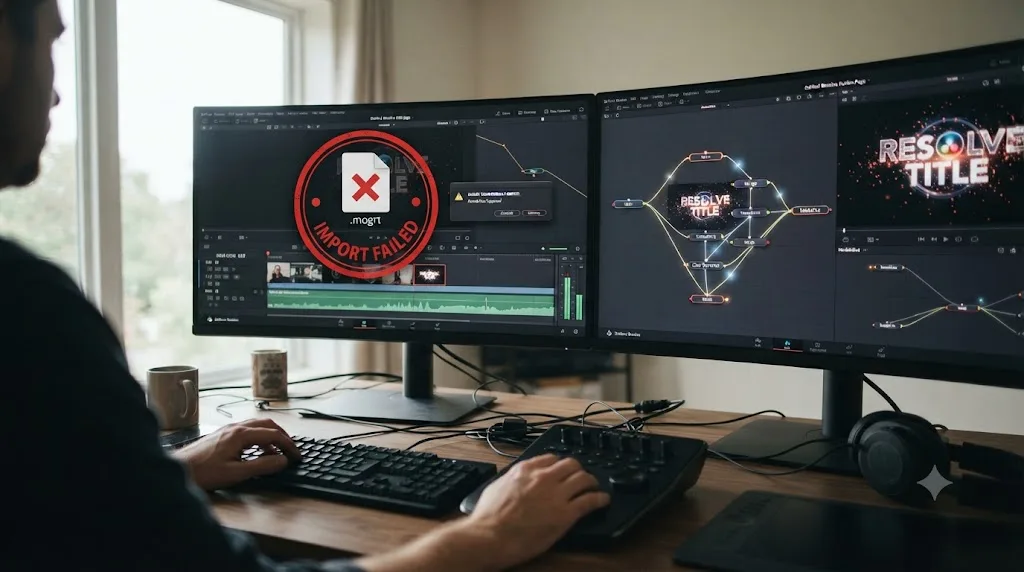 Illustration of a DaVinci Resolve timeline with a red error badge over an incoming .mogrt file icon beside a Fusion node graph rebuilding the same graphic