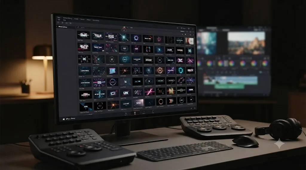 Illustration of a DaVinci Resolve Effects Library populated with purchased Fusion-native title and transition template thumbnails